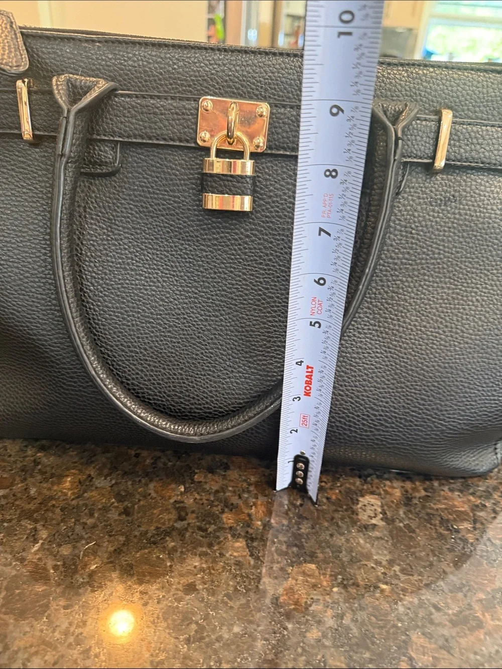 Black Satchel Handbag with Gold Padlock Accent